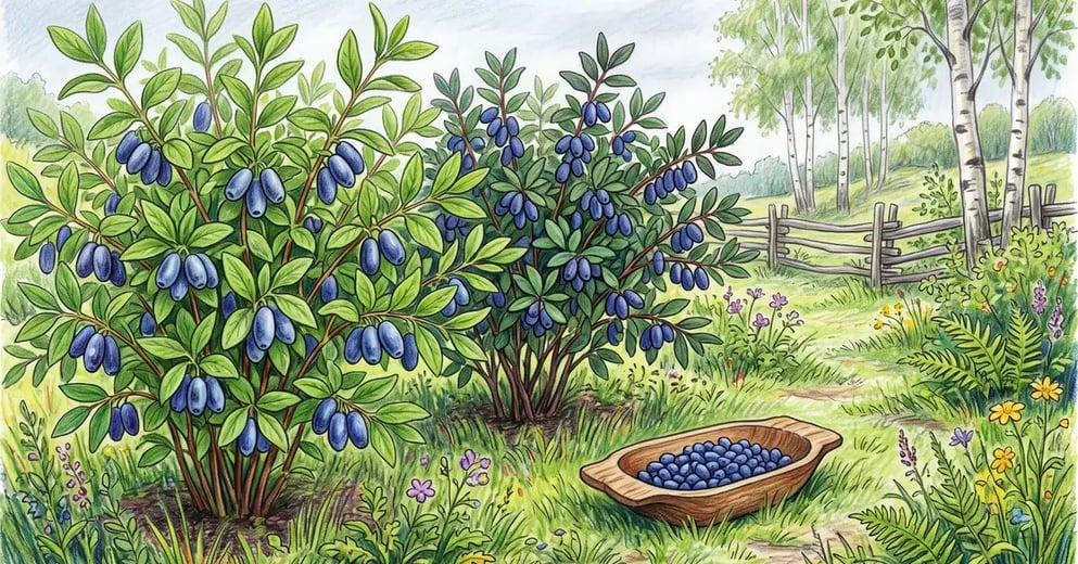 Two honeyberry bushes laden with elongated dark blue haskap berries in a northern garden with birch trees behind