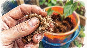 Close-up of a hand crumbling damp coco coir showing the springy pale brown fibrous texture with coarse coir chips mixed in