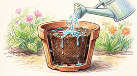 Water running off the surface of a bone-dry peat-based potting mix that has shrunk away from the terracotta pot sides leaving a gap
