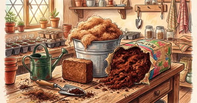 A potting bench with a compressed coco coir brick, an expanded bucket of coir fiber and an open bale of dark sphagnum peat moss