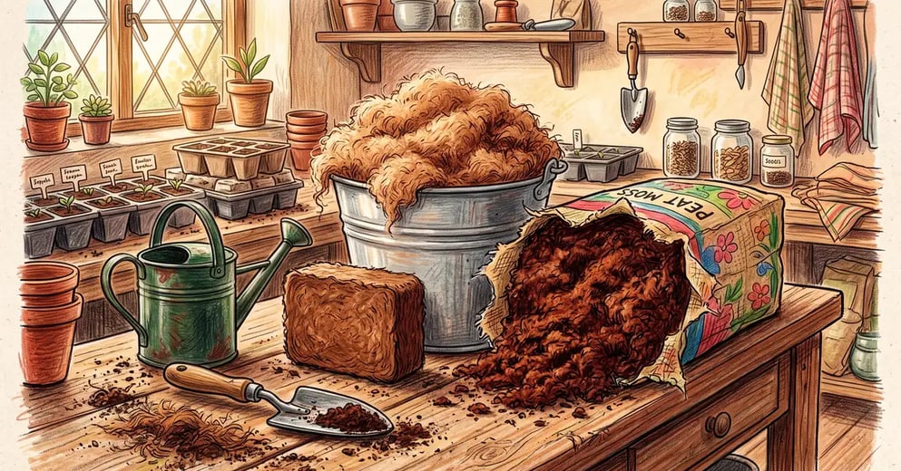 A potting bench with a compressed coco coir brick, an expanded bucket of coir fiber and an open bale of dark sphagnum peat moss
