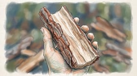 Close-up of a hand holding a curved piece of pine bark showing the deeply fissured reddish outer surface and pale fibrous inner face