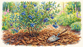 A blueberry bush in fruit with a thick layer of fine pine bark mulch spread around its base and a trowel resting in the mulch