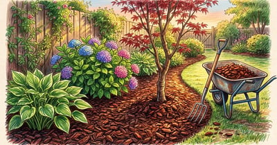 A garden bed freshly mulched with reddish-brown pine bark around hostas, hydrangeas and a young Japanese maple, with a wheelbarrow of nuggets nearby