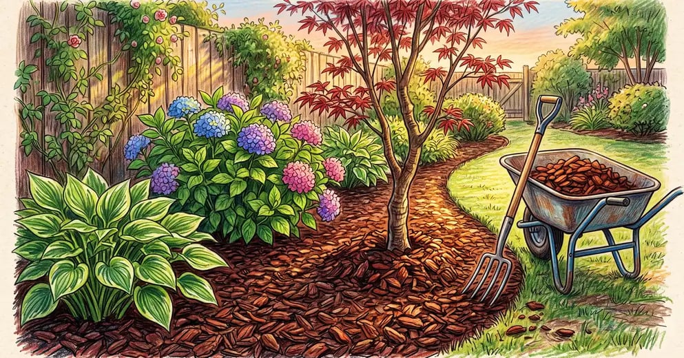 A garden bed freshly mulched with reddish-brown pine bark around hostas, hydrangeas and a young Japanese maple, with a wheelbarrow of nuggets nearby