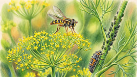 Hoverfly hovering over a flowering dill umbel with aphids on a nearby stem and a ladybug larva approaching them