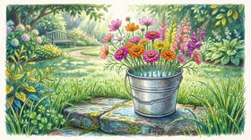 Galvanized bucket of cool water on a shaded step holding just-cut zinnias, cosmos and snapdragons with lower leaves stripped