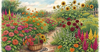 A backyard cutting garden in high summer with dense rows of zinnias, cosmos, sunflowers, dahlias and celosia and a basket of freshly cut stems