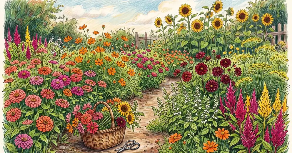 A backyard cutting garden in high summer with dense rows of zinnias, cosmos, sunflowers, dahlias and celosia and a basket of freshly cut stems