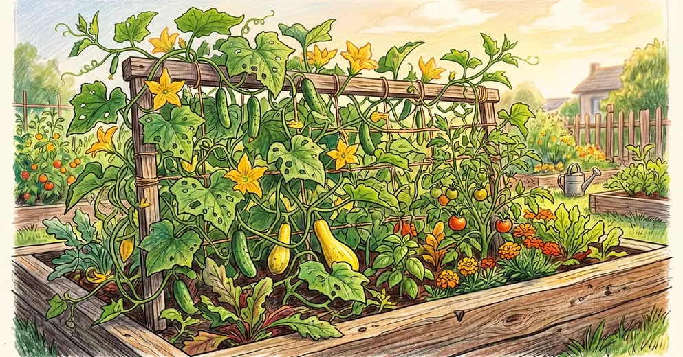 Late summer backyard garden with cucumber and squash vines on a wooden trellis, leaves showing ragged cucumber beetle feeding holes and open yellow blossoms