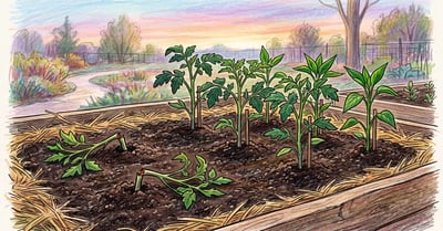 Spring vegetable bed at dawn with young transplants standing and two seedlings toppled and severed at the soil line by cutworms