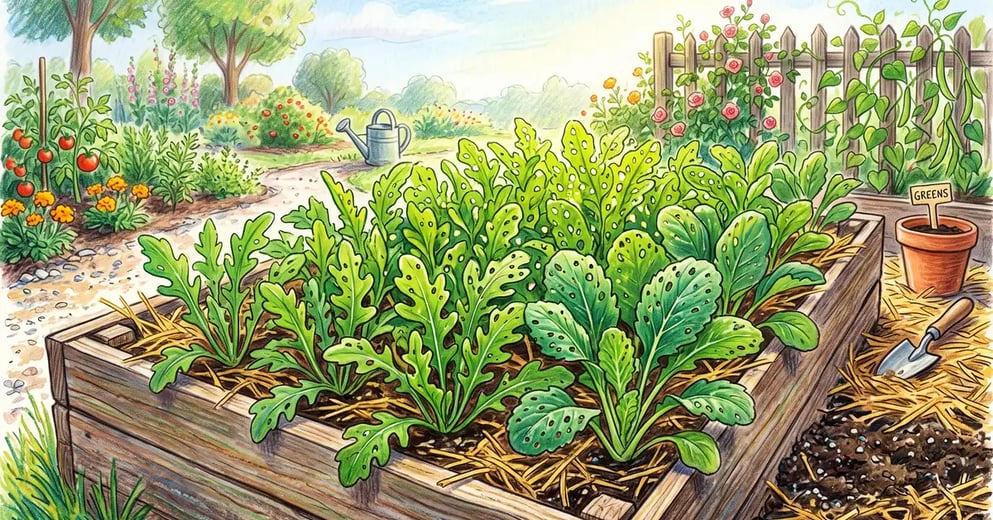 Raised bed of young arugula and mustard greens with leaves peppered by tiny round flea beetle shot-holes in early summer light