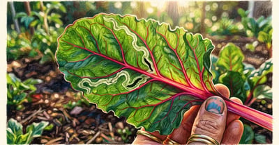 Swiss chard leaf backlit by morning sun showing a pale winding serpentine leaf miner tunnel across the green blade