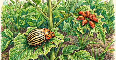 Adult Colorado potato beetle with ten black stripes on cream wing covers sitting on a chewed potato leaf above orange larvae