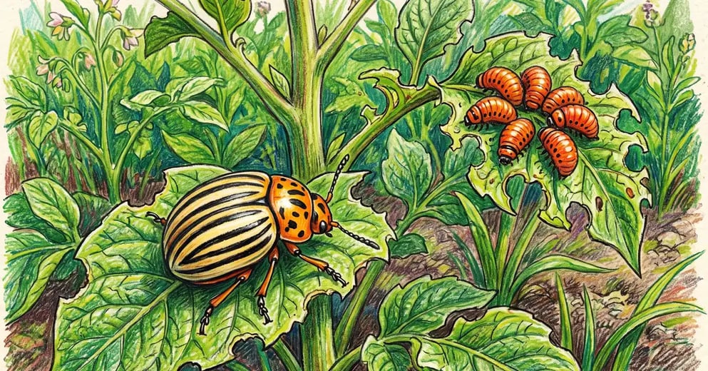 Adult Colorado potato beetle with ten black stripes on cream wing covers sitting on a chewed potato leaf above orange larvae