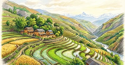 Nepali middle-hill terraces stepping down a steep valley side with flooded rice benches, dry millet terraces and farmhouses among fodder trees