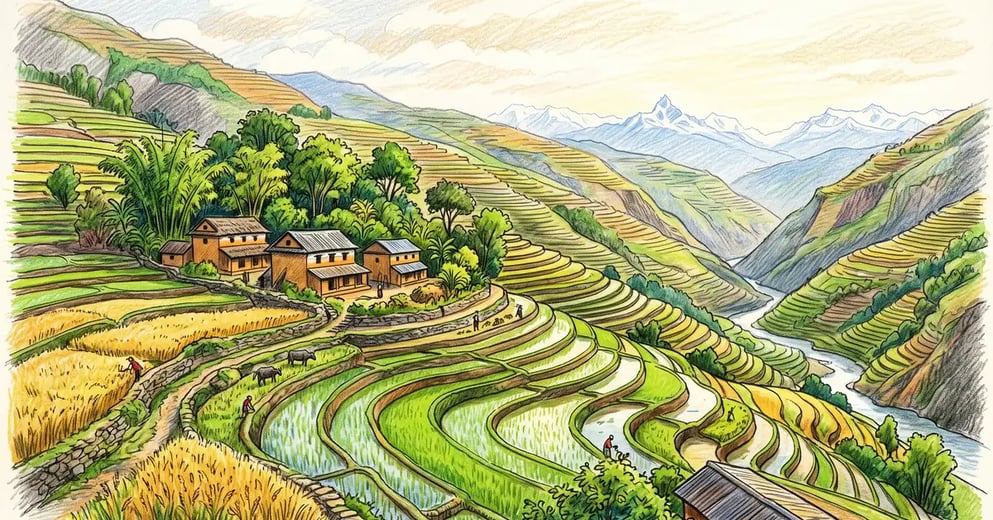 Nepali middle-hill terraces stepping down a steep valley side with flooded rice benches, dry millet terraces and farmhouses among fodder trees