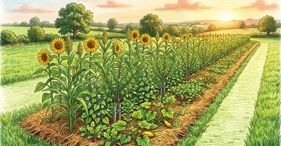 Newly planted syntropic row in its first summer with sunflowers and sorghum over young fruit tree whips and squash and beans below