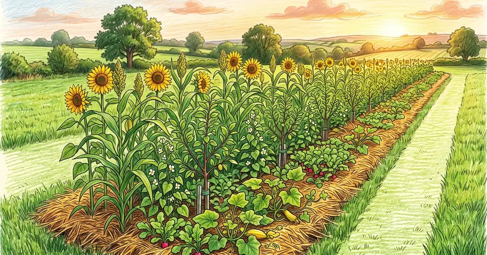 Newly planted syntropic row in its first summer with sunflowers and sorghum over young fruit tree whips and squash and beans below