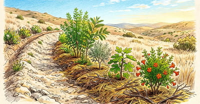 Syntropic planting row on a dry Mediterranean hillside with olive and fig among tagasaste pioneers, deep mulch and a contour swale above