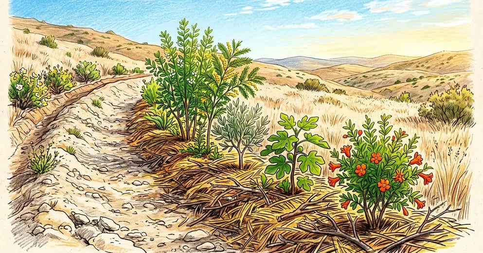 Syntropic planting row on a dry Mediterranean hillside with olive and fig among tagasaste pioneers, deep mulch and a contour swale above