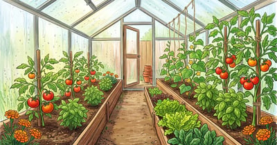 Home greenhouse interior with staked tomatoes, basil, climbing cucumbers and a band of lettuce and spinach at the cooler front end