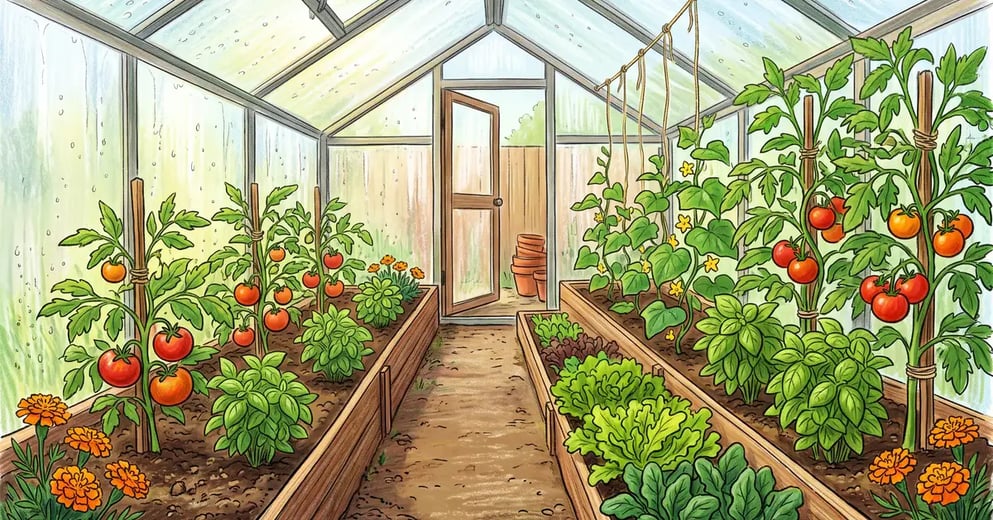 Home greenhouse interior with staked tomatoes, basil, climbing cucumbers and a band of lettuce and spinach at the cooler front end