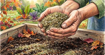 Gardener's cupped hands holding coarse green-brown alfalfa meal above a prepared autumn garden bed