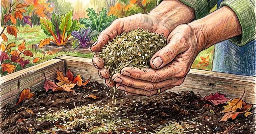 Gardener's cupped hands holding coarse green-brown alfalfa meal above a prepared autumn garden bed