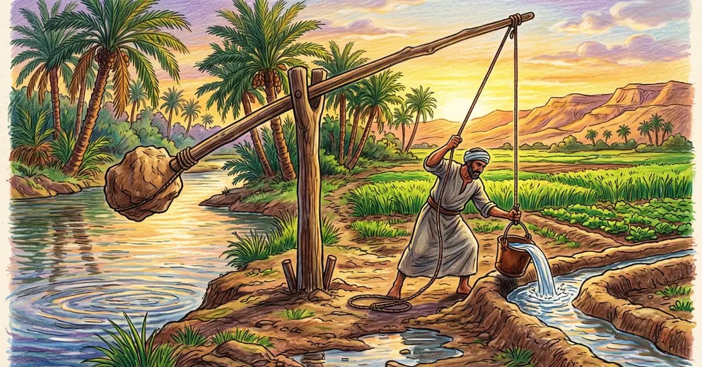 Farmer working a shaduf on the bank of the Nile at golden hour, swinging a counterweighted pole to lift water into a channel
