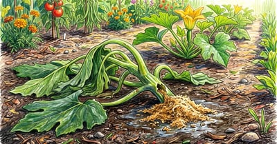 Collapsed zucchini plant with wilted leaves and a mound of sawdust-like frass at an entry hole in the stem base