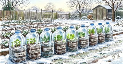 Row of cut and taped milk jugs used as winter sowing containers standing on snowy ground beside a bare winter garden bed