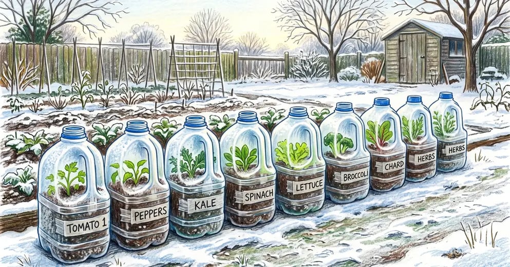 Row of cut and taped milk jugs used as winter sowing containers standing on snowy ground beside a bare winter garden bed