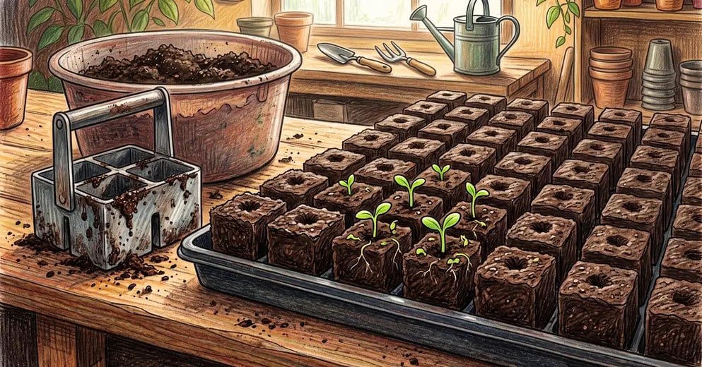 Tray of freshly made soil blocks standing free without pots beside a steel hand blocker on a potting bench