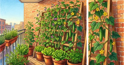 Balcony vertical vegetable garden with an A-frame trellis of climbing pole beans and cucumbers above pots of lettuce and parsley