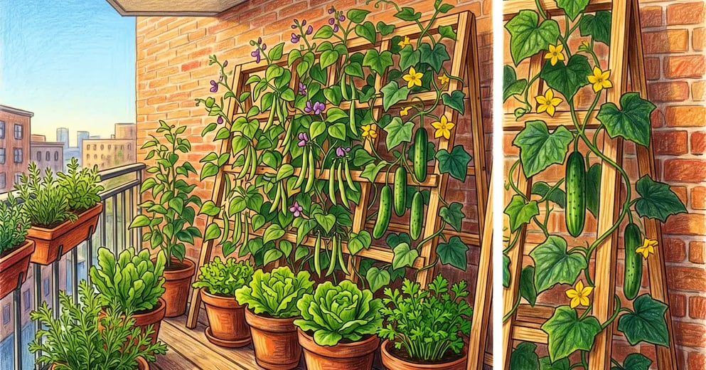 Balcony vertical vegetable garden with an A-frame trellis of climbing pole beans and cucumbers above pots of lettuce and parsley