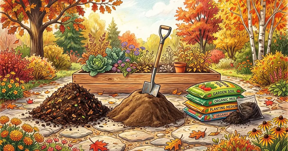 Three piles side by side in an autumn garden: dark finished compost, mineral screened topsoil and bagged garden soil with a spade