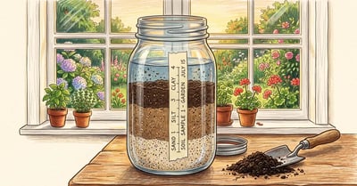 Mason jar of settled garden soil on a windowsill showing distinct sand, silt and clay bands with pencil marks on masking tape
