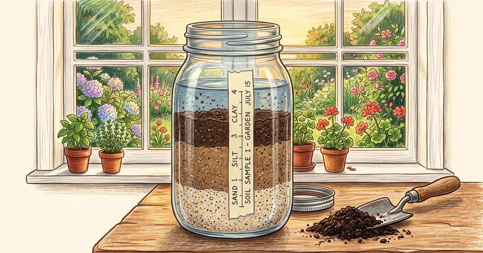 Mason jar of settled garden soil on a windowsill showing distinct sand, silt and clay bands with pencil marks on masking tape