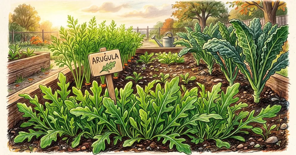 Autumn raised bed with a dense band of young arugula growing between rows of kale and carrot tops in golden morning light