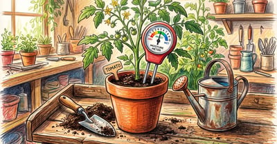 Two-prong analogue soil moisture meter with a dial pushed into a terracotta pot on a potting bench beside a trowel and watering can