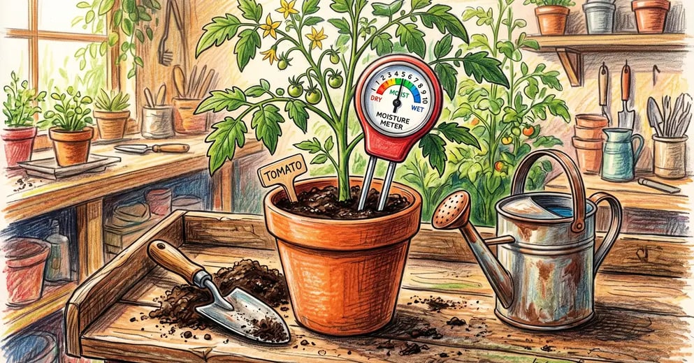 Two-prong analogue soil moisture meter with a dial pushed into a terracotta pot on a potting bench beside a trowel and watering can