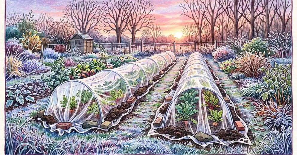 Autumn vegetable garden at dawn with white floating row cover over hoops on two beds and frost on the surrounding grass