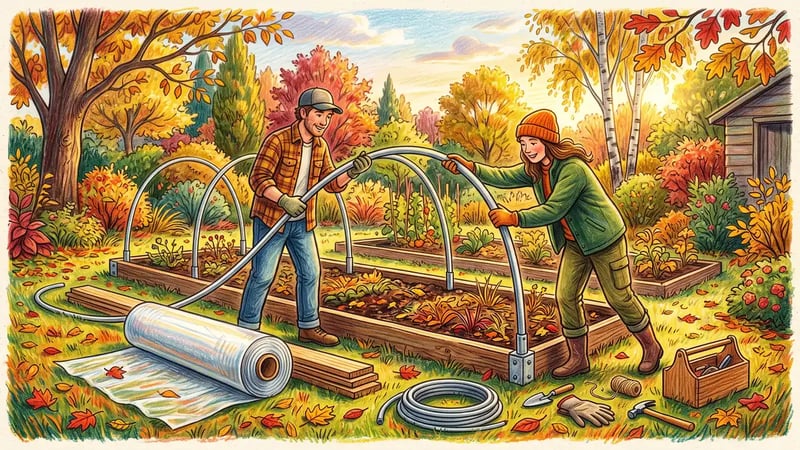 Two gardeners bending metal conduit hoops into ground posts along a garden bed with greenhouse plastic and baseboards ready for a hoop house build