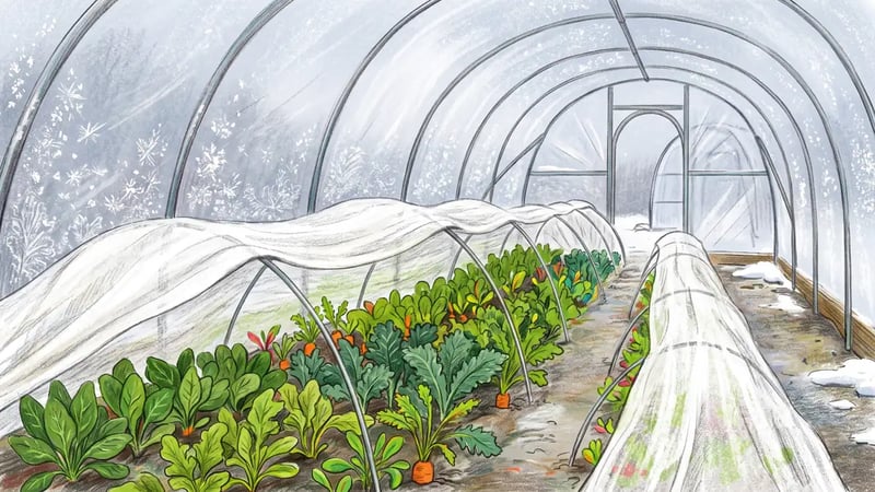 Interior of an unheated winter hoop house with rows of spinach, kale and carrots under an inner layer of white row cover on low hoops