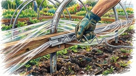 Close-up of a gloved hand pressing wiggle wire into a locking channel to hold clear hoop house plastic tight against a wooden hip board