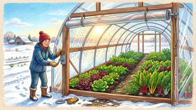 Gardener rolling up the plastic side wall of a hoop house on a sunny winter morning to vent warm air above green lettuce rows