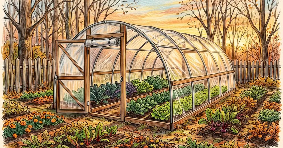 Small backyard hoop house of curved metal bows and clear plastic film in a fall vegetable garden with kale and lettuce inside