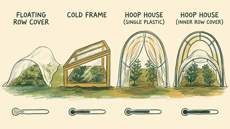 Infographic comparing row cover, cold frame, single-layer hoop house and double-covered hoop house by relative frost protection