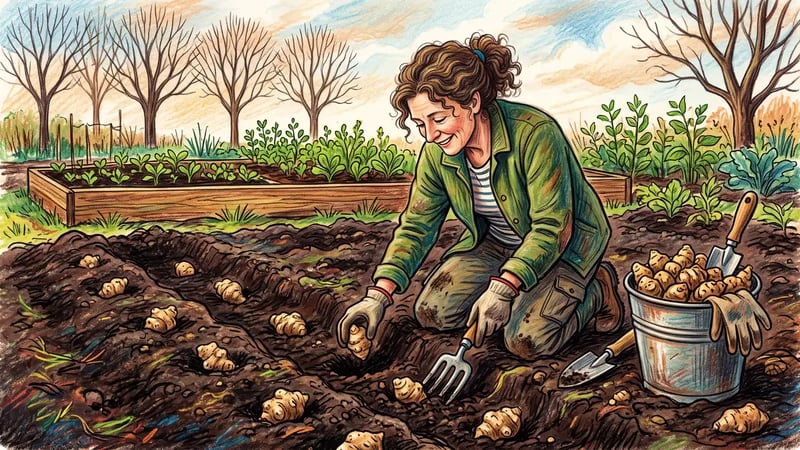 Gardener kneeling beside a spring trench planting egg-sized knobby sunchoke tubers a foot apart in dark loamy soil with a fork and bucket nearby